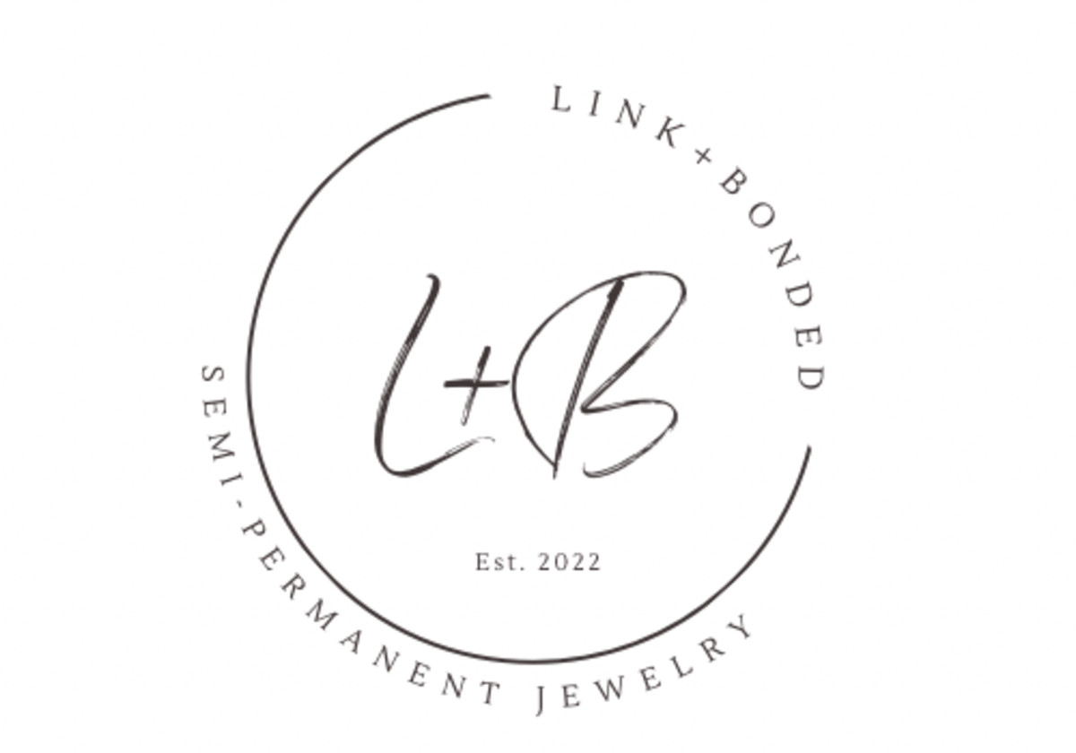 Logo of Link + Bonded, a brand specializing in semi-permanent jewelry, on a white background.